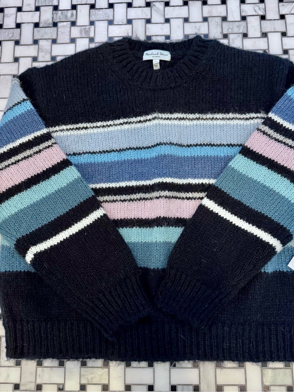 Michael Stars Navy Striped Crewneck Sweater with Blue, Pink and Teal Accents
